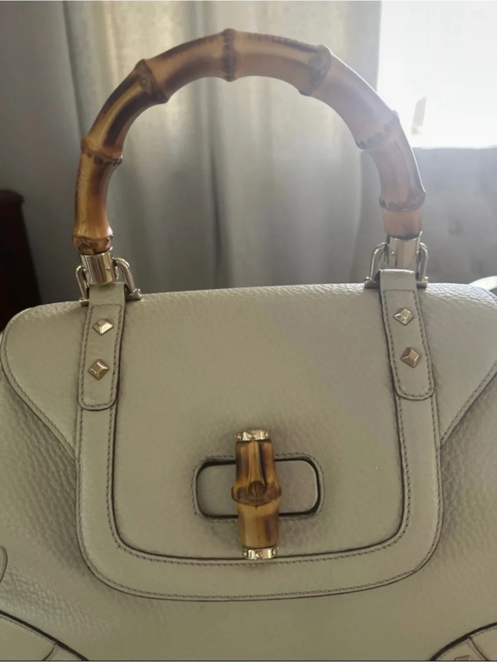 Gucci Cream Leather Satchel with Bamboo Top Handle